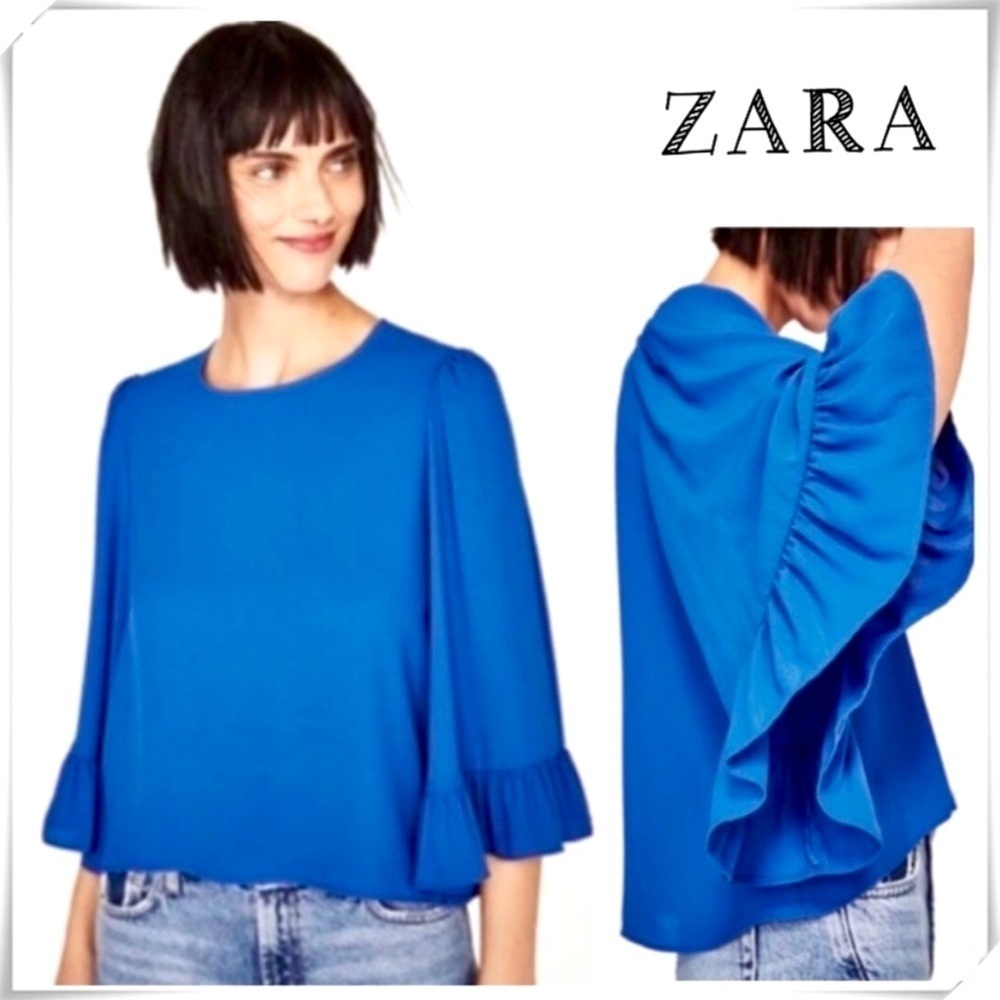 ZARA Ruffled Drape Sleeves Oversized Blouse Top in Royal Blue Size S